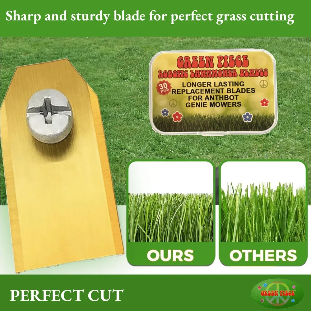 Close-up of a blade with the larger center hole made for Anthbot mowers