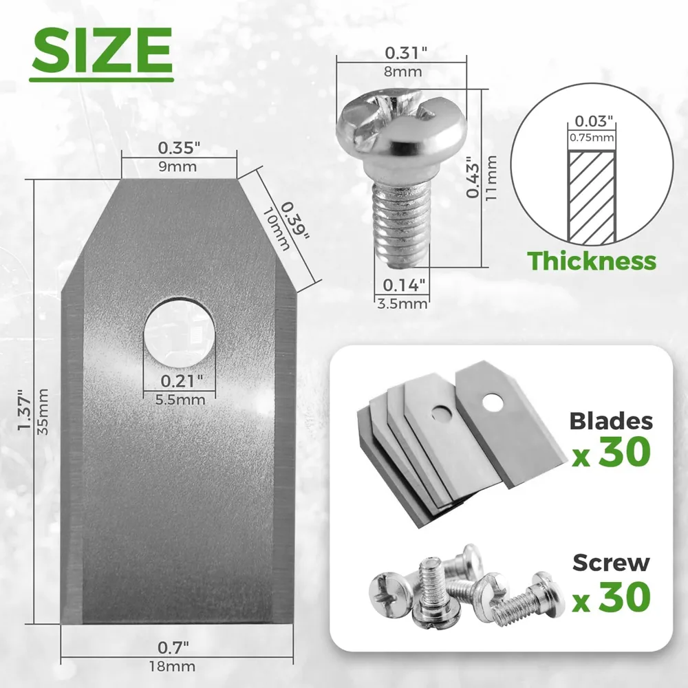 Size diagram for the extra-long stainless steel robot mower blade and screw