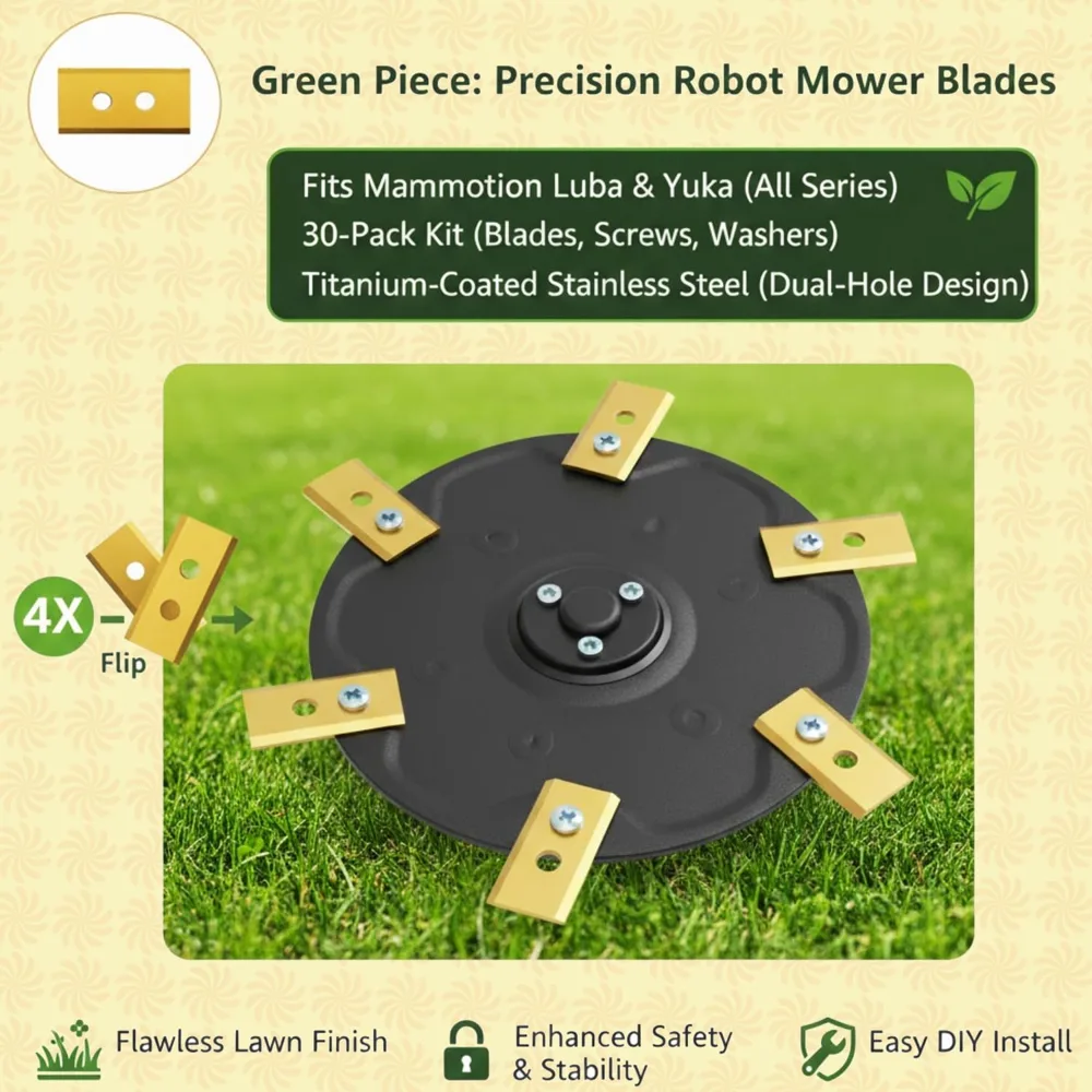Mammotion Luba and Yuka blades fitted on a cutting disc, flip positions marked